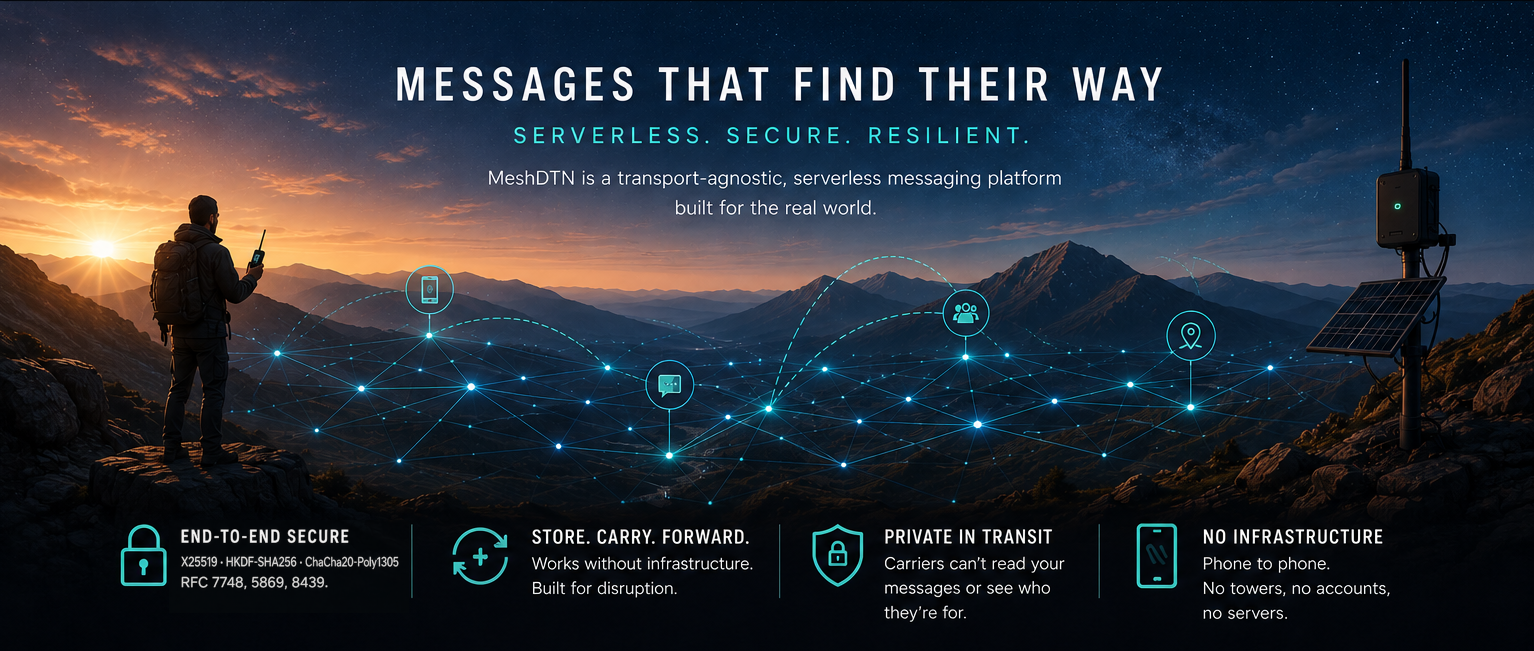 A hiker on a ridge at sunrise holding a radio, a mesh of glowing links spanning the valley to a solar-powered station on the far side. MeshDTN: messages that find their way — serverless, secure, resilient.
